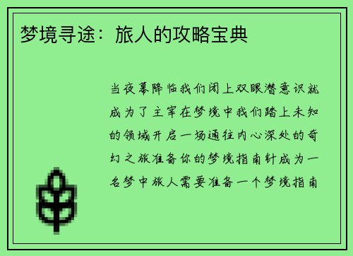 梦境寻途：旅人的攻略宝典